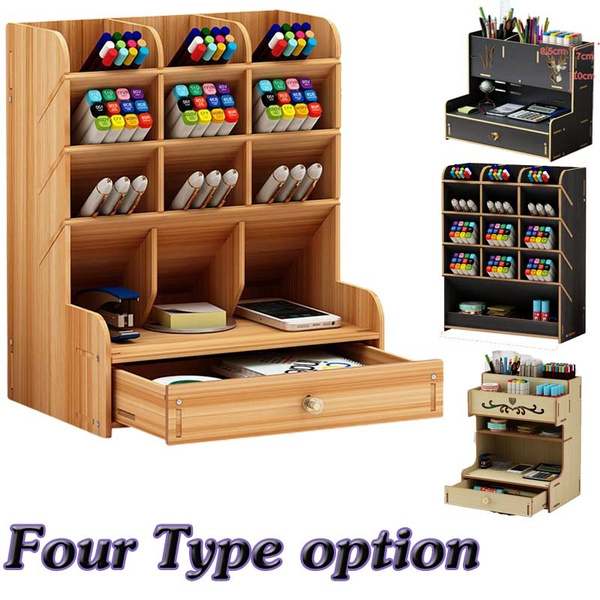 Office Storage Accessorie Wood Pen Barrel Box Large Capacity Student Creative Fashion Multi Point Rack Table Top Shelf Wish Office Storage Accessorie Wood Pen, Large Wooden Desk With Storage Box