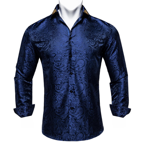 Navy Blue Paisley Shirt for Men Long 