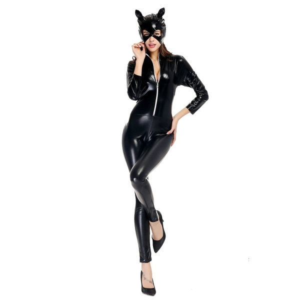 Sexy Zipper Catwoman Jumpsuit with Hat Halloween Zentai Catgirl ...