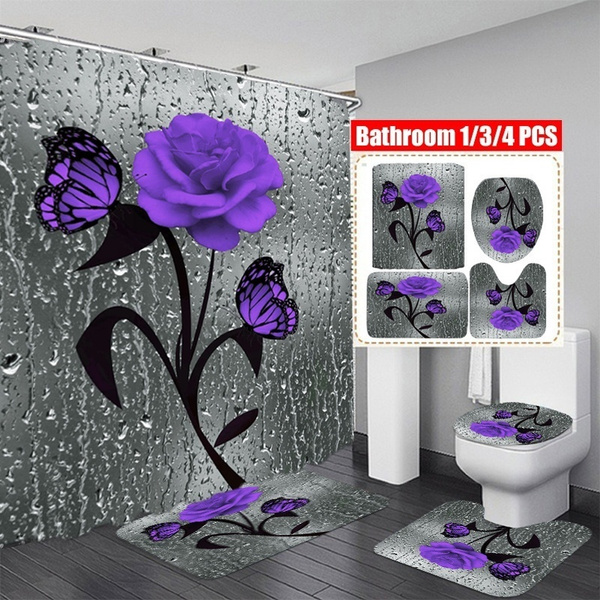 Purple Butterfly Rose 1/3/4pcs Pattern Bathroom Decoration Waterproof ...