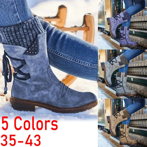 Fashion Women Casual Mid-Calf Boots PU Leather Women Winter Warm Slip-On Flat Snow Boots
