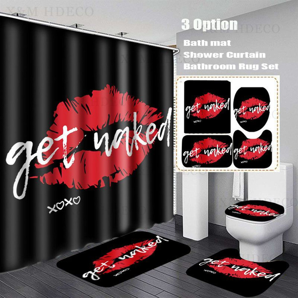 Get Naked Bathroom Rug Set Shower Curtain Non Slip Toilet Lid Cover Bath Mat 