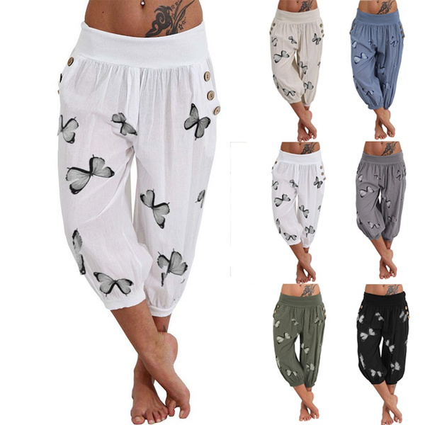 Women Capri Pants 3/4 Casual Harem Pants Elastic Waist Pants Summer  Butterfly Printed Shorts Casual Trousers with Pockets