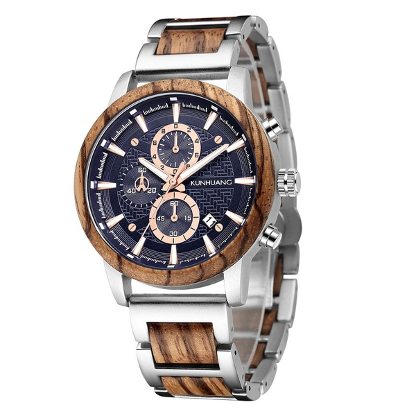 KUNHUANG Latest Men's Alloy Wooden Watch Large Dial Multifunction