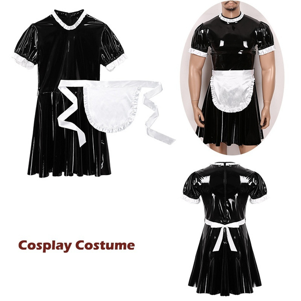 Men Sissy Maid Cosplay Costume Set Maid Servant Uniform Flared Dress with Apron for Halloween