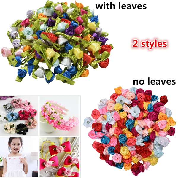 100PCS Mini Artificial Flowers Heads Make Satin Ribbon Roses Handmade
