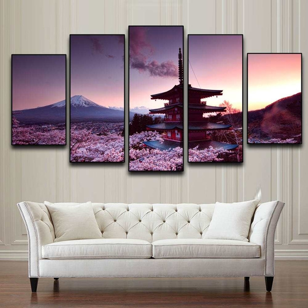 5 Panels Japanese Churei Tower Mount Fuji Canvas Painting Blooming ...