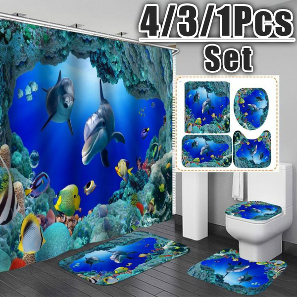 Details about   Ocean Dolphin Polyester Shower Curtain Bathroom Waterproof Toilet Bath Mat Set 