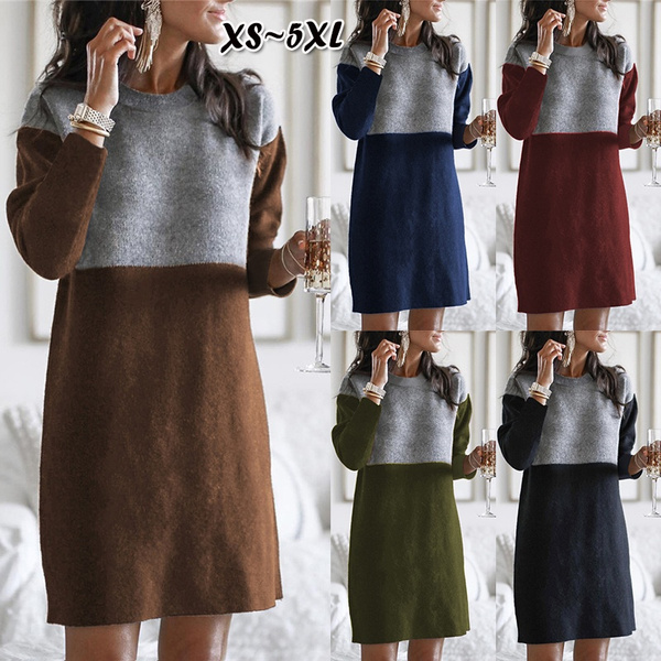 NUOVE donne moda autunno e inverno cucitura abito manica lunga girocollo  abito casual abito largo taglie forti | Wish