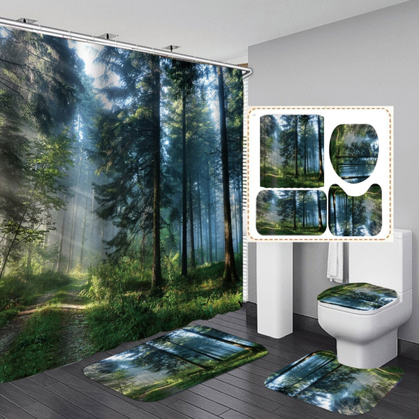 NEW Green Tree Forest FHD Printing Waterproof Bathroom Shower