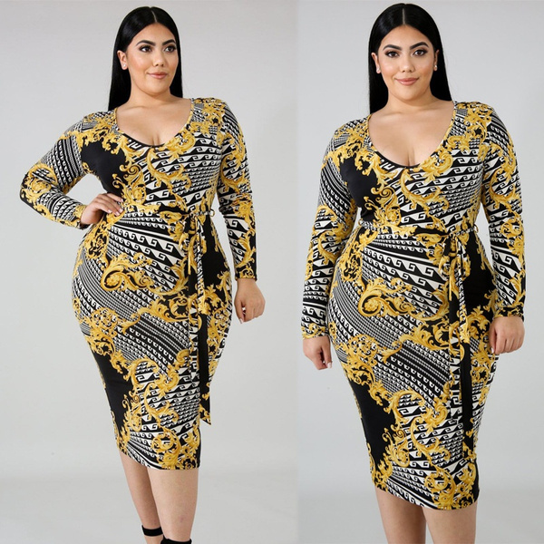 Plus Size fat woman bodycon dress Ladies Long Sleeves Gown