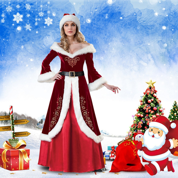 Women's Mrs Santa Claus Costume Plus Size Pretty Santa Helper Dresses With Hats 