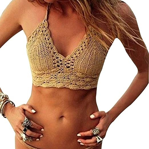 Women Crochet Lace Bralette Knit Bra Boho Beach Bikini Halter Cami Tank  Crop Top