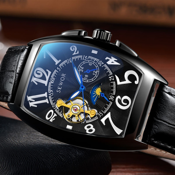 2020 New Design SEWOR Full Black Tonneau Tourbillon Watch Genuine