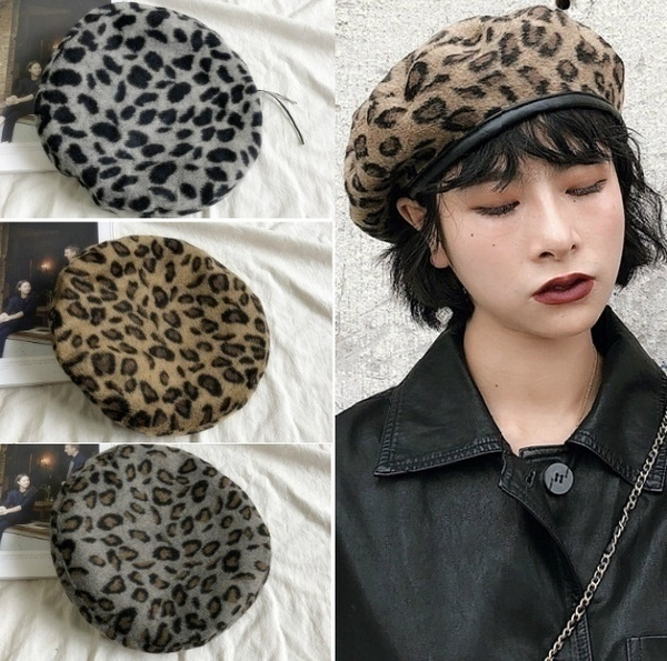 New Fashion Leopard Berets Warm Winter Women Beret Braided Baggy Knit