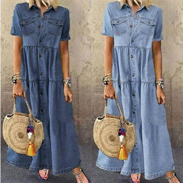 Women Denim Shirt Dress Ladies Summer Short Jean Turn Down Collar