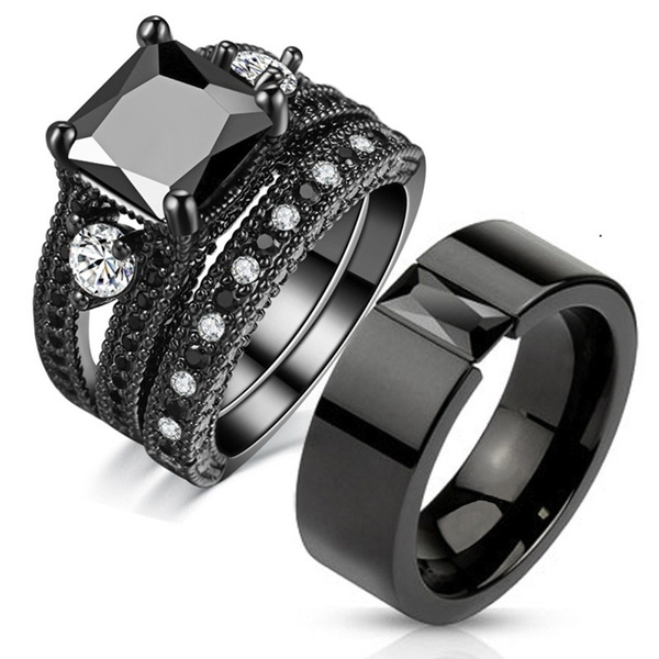 1 Pcs New Hot His And Hers Couple Rings Aaa Cubic Zironia Black Gold ...