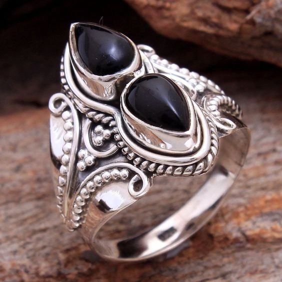 Women 925 Sterling Silver Ring Black Sapphire Diamond Jewelry ...