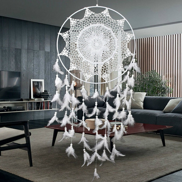 White Large Dreamcatcher Hoop Handmade Dream Catcher Feathers Hanging Home Decor