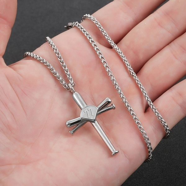 Silver Stainless Steel Baseball Bat Cross Pendant Necklace Gift for Athletes 