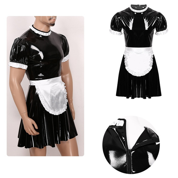 Men's Wet Look Patent Leather Cosplay French Apron Maid Fancy Dress ...