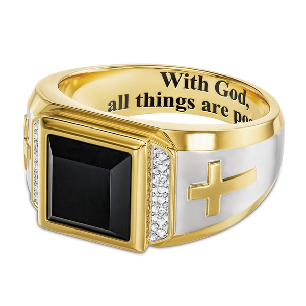 “With God,all Things Are Possible”Domineering Men's Fashion Luxury Jewelry  925 Sterling Silver 18K Gold Cross Ring Divine Power Diamond and Agate Ring 