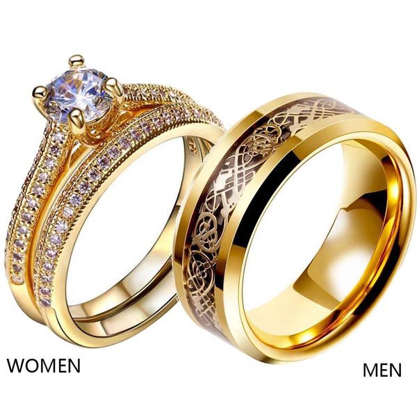 Couple Rings Yellow Gold Plated Cz Womens Wedding Ring Sets Titanium Steel Mens Wedding Bands Please Buy 2 Rings For 1 Pair Wish