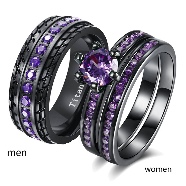 SHELOVES Black Plated Couples Women Purple Wedding Rings Sets His and Hers Men Tungsten Wedding Band