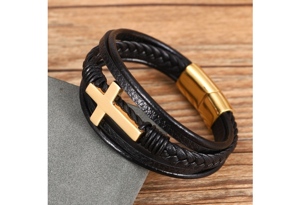 Braided Leather Black Cross Charm Christian Bracelet, 45% OFF