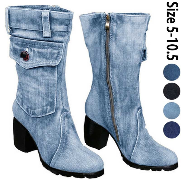 Denim Boots For Ladies 2026.Women's Denim Boots Chunky High Heel Mid Calf Boots Ladies Side Zipper ...