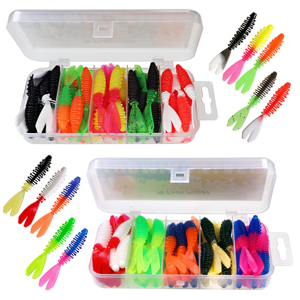 THKFISH 40Pcs/Box Soft Trout Baits 2.36in Plastic Fishing Lures Shrimp Flavour Fishing Worms Rubber Trout Baits with Swallow Tail 6cm