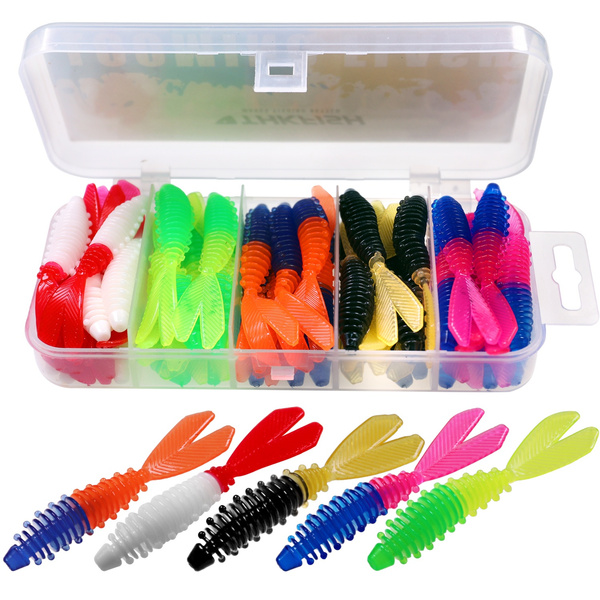 THKFISH 40Pcs/Box Soft Trout Baits 2.36in Plastic Fishing Lures Shrimp Flavour Fishing Worms Rubber Trout Baits with Swallow Tail 6cm