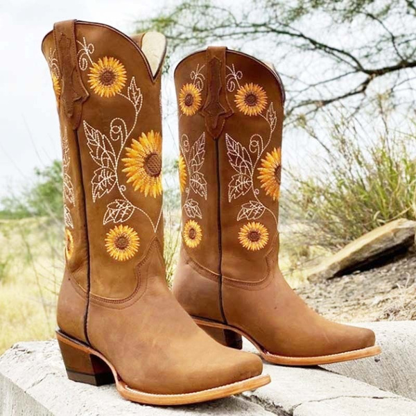 Handcrafted Sunflower Genuine Leather Western Cowgirl Boots Snip Toe Botas Vaqueras Girasol Schoenen damesschoenen Laarzen Cowboy & Westernlaarzen 
