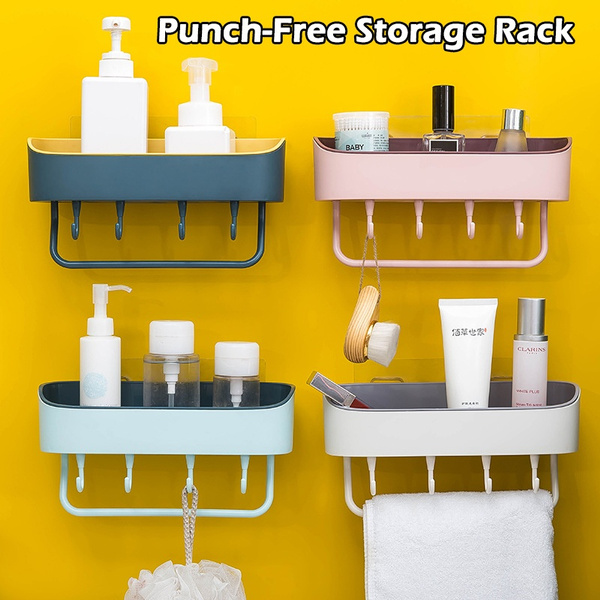 Hooks Multi Function Storage Rack, Bathroom Shelf Wall Mounted Shampoo And Conditioner