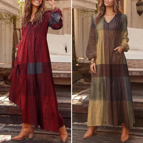 Women Casual Loose Check Dress Ladies Long Sleeve Shirt Dresses Plus Size |  eBay