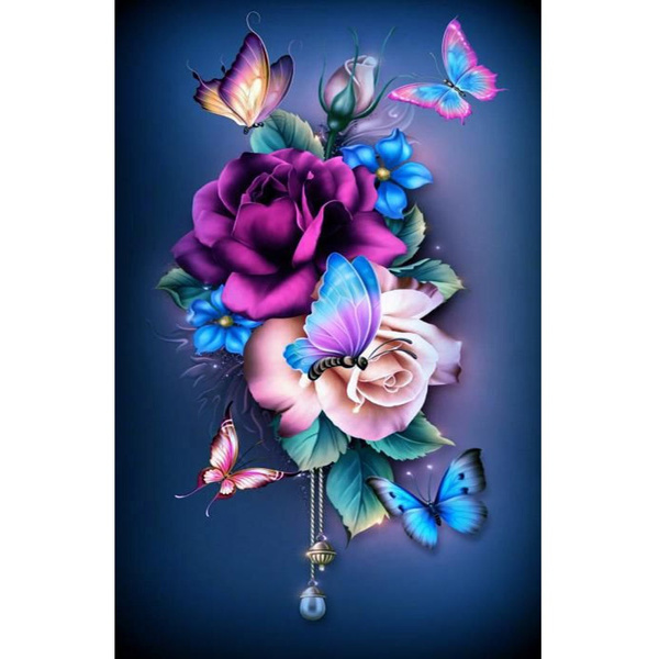 Blue Pink Flowers Butterfly Diamond Painting Cross Stitch Embroidery Home Decor 