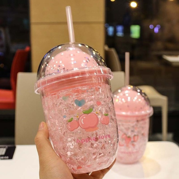 Hot Sale New Creative Fashion Colorful Fruit Slippery Ice Cups, Cute  Cherry, Strawberry 450ml Double Discoloration Plastic Water Juice Cup Straw