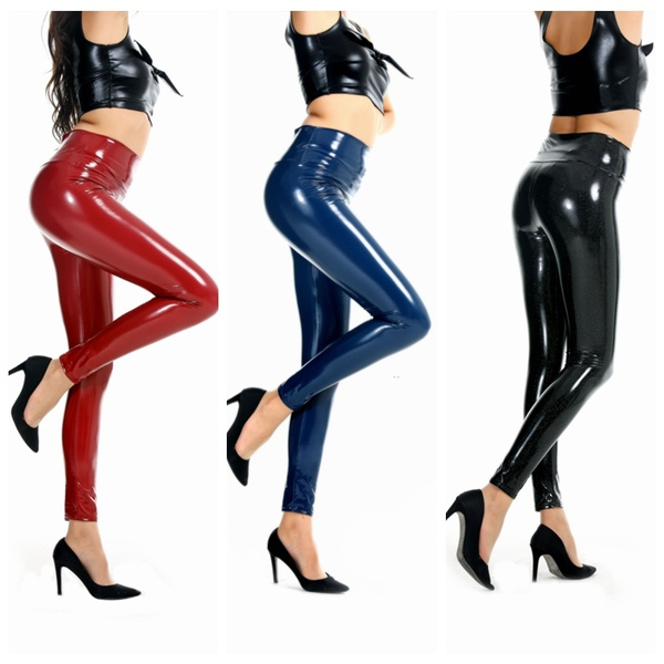 Women PU Leather Shiny Leggings Elastic 