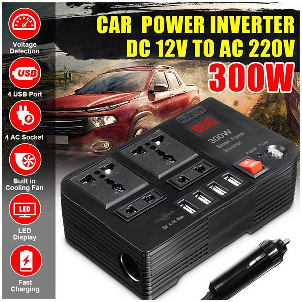 300W Power Inverter DC 12V to 220V AC Converter with Dual USB Charging Ports  Adapter and Cigarette Lighter Plug For Car Vehicle Auto