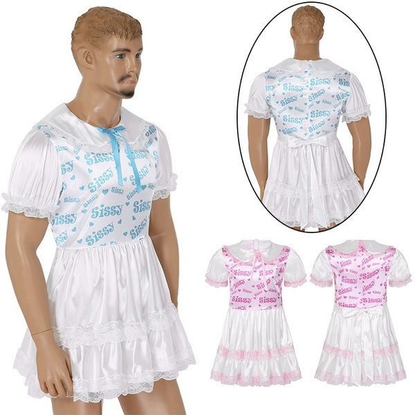 Mens Silky Satin Short Puff Sleeves Lace Trim Sissy Maid Dress Cosplay