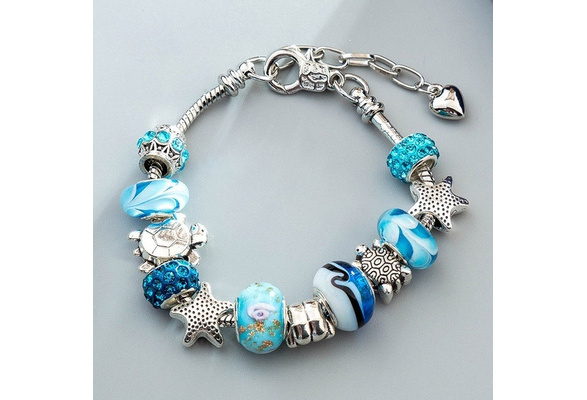 Ocean Shell Blue Crystal Beads Chain Bangle Bracelet Women Girl Charm Jewelry jb