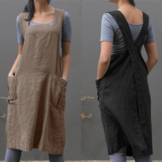 Fashion Home & Kitchen Women Cotton Linen Apron Casual Solid Color Vintage Pinafore Dress Casual Sleeveless Pocket Home Garden Plus Size Loose Working Apron S-5XL