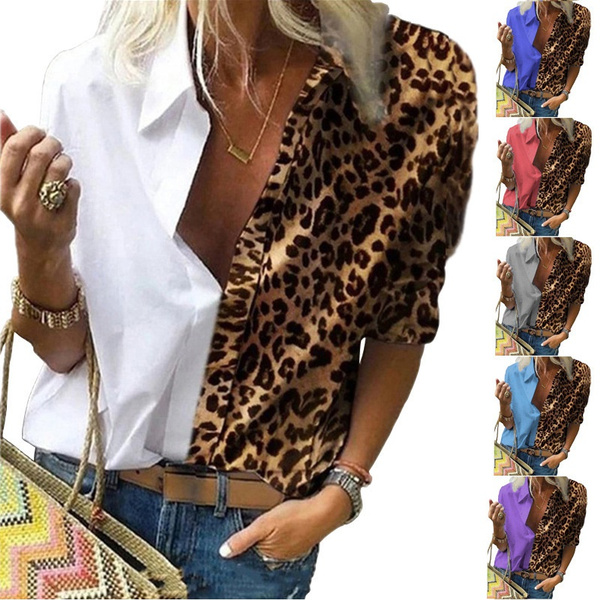 Plus Size Women's Ladies Leopard T-Shirt Casual Blouse Long Sleeve Loose Tops
