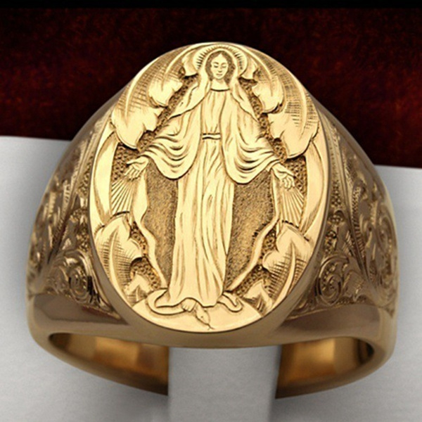 Details about   14K Two Tone Gold Oval-shape Filigree Design Virgin Mary Religious Ring