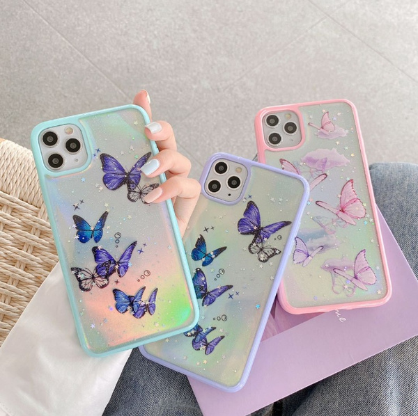 Cute Laser Card Butterfly Phone Case For Iphone 11 Pro Max Xs Max Xr 7 6 8 Plus Pink Purple Glitter Soft Clear Tpu Cover Wish