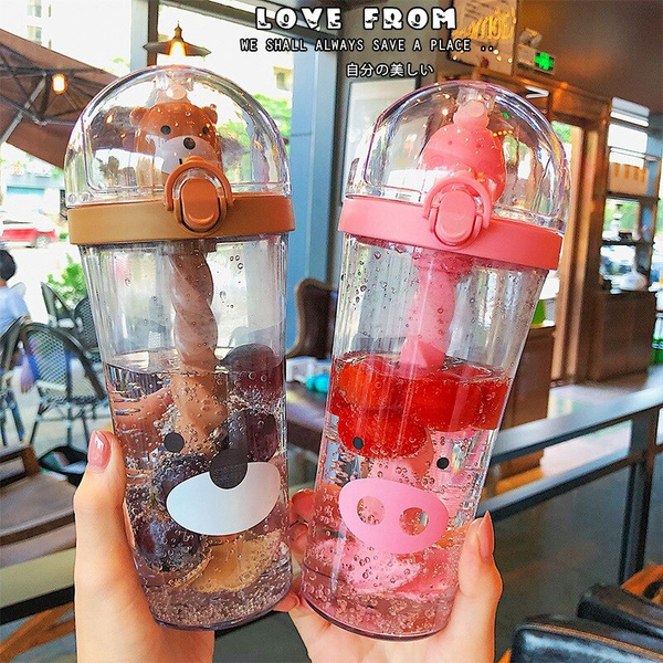 Kawaii Cartoon Animal Stirring Cup 500ml Large Capacity Straw Plastic Cup  Student Couple Travel Travel Portable Water Bottle