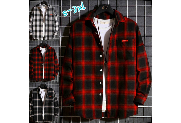 New Plaid Shirt Flannel Red Checkered Shirt Men's Casual Shirt Long-sleeved  Cotton Check Shirt