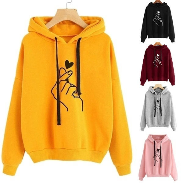 New Fashion Women's Hooded Sweater Casual Printed Finger Heart Long ...