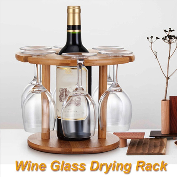 Wine Glass Cup Drying Rack and Bottle Holder Natural Wood Bamboo Wine Rack  with 6 Glass Holder and 1 Bottle Holder