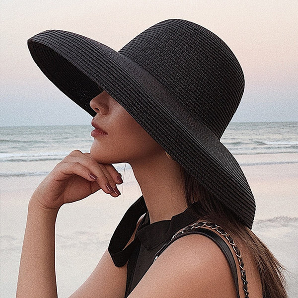 Striped Straw Hat Wide Large Brim Women UV Protection Summer Beach